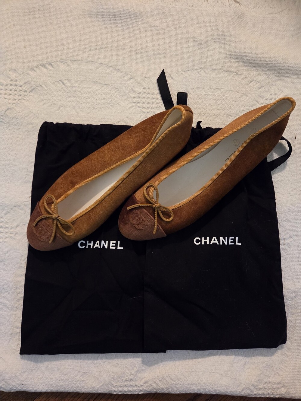CHANEL Tan Velver Cap-Toe CC Ballet Flats with Bow Accent